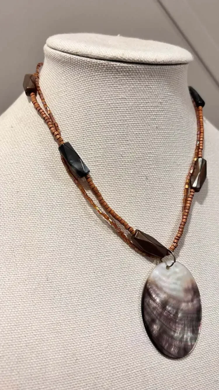 Lia Sophia Harvest Moon Abalone Shell Pendant Beaded Necklace